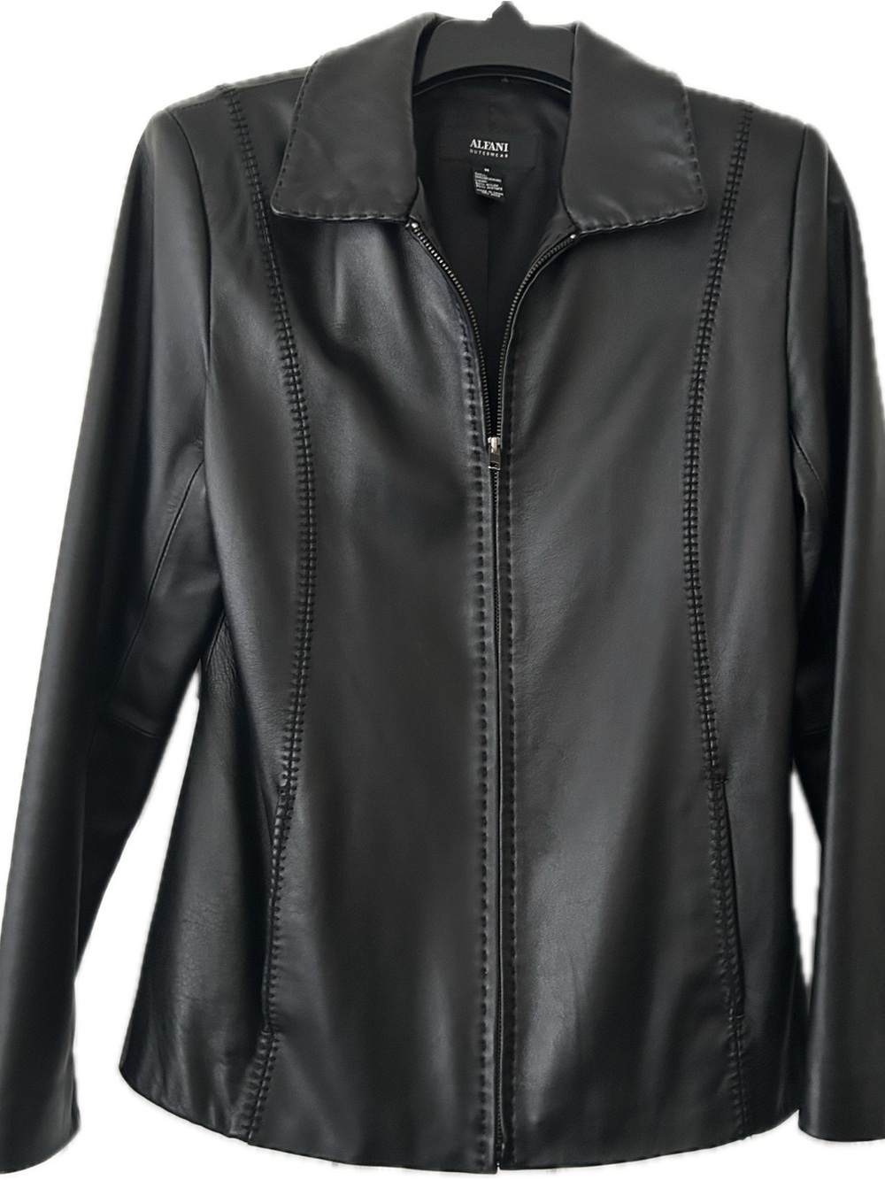 Alfani Black Women's Leather Zip Jacket with Stitched Panel Detail